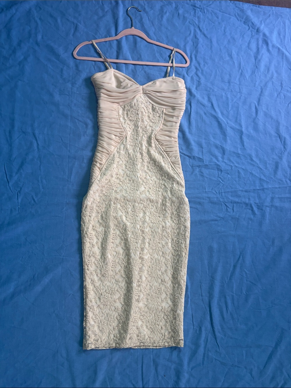 Strapless Lace Sheath Dress in Beige